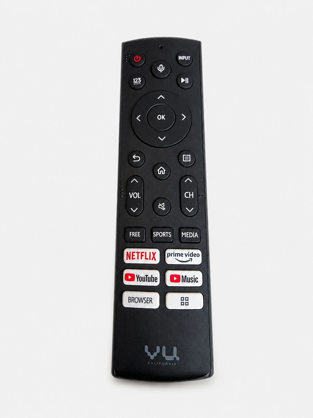 VU California Smart TV replacement remote control with Netflix, Prime Video, YouTube, and voice assistant shortcut buttons.