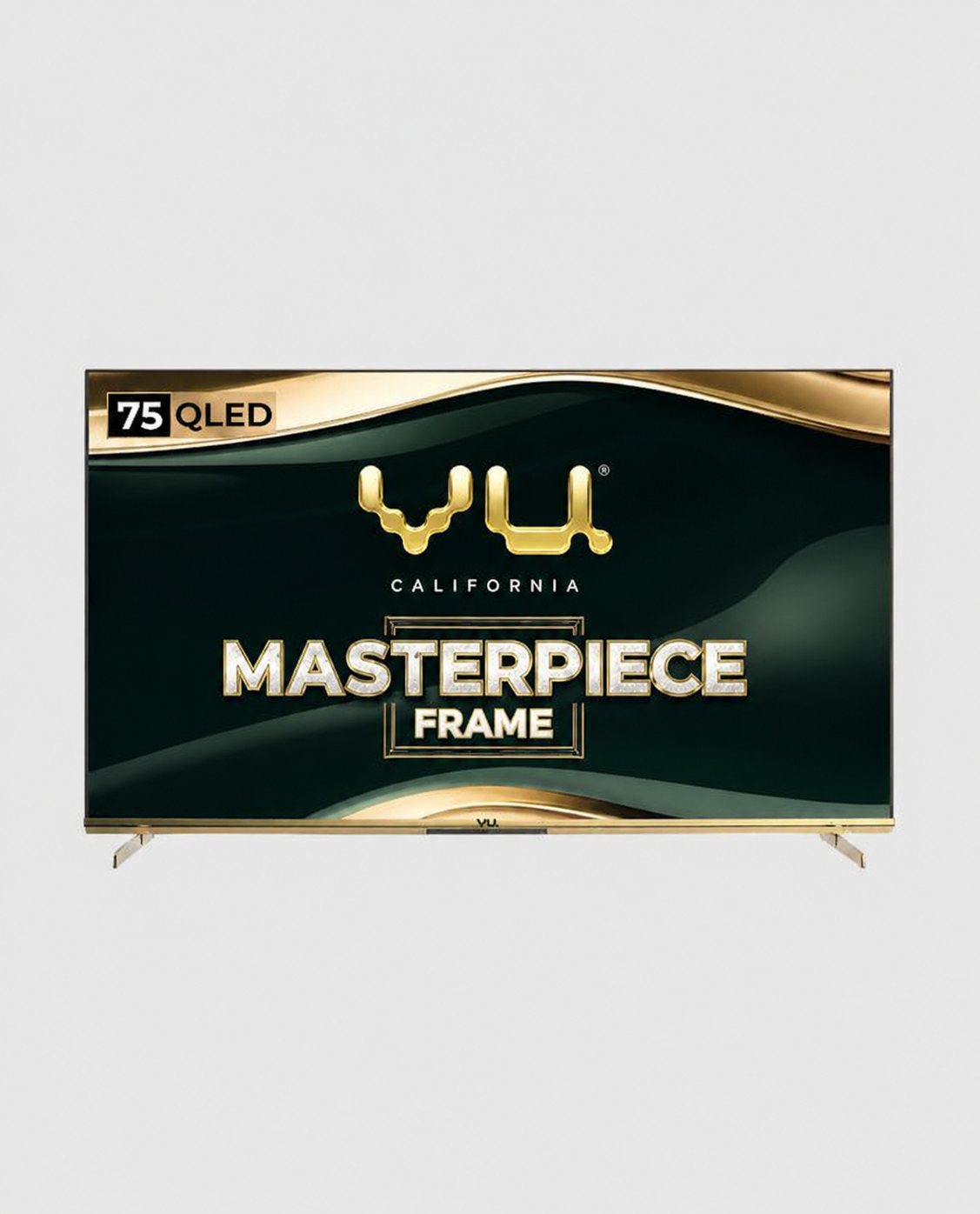 VU 75QMP 75-inch Masterpiece Series 4K QLED Smart TV in Armani Gold with premium bezel design and ultra-slim display.