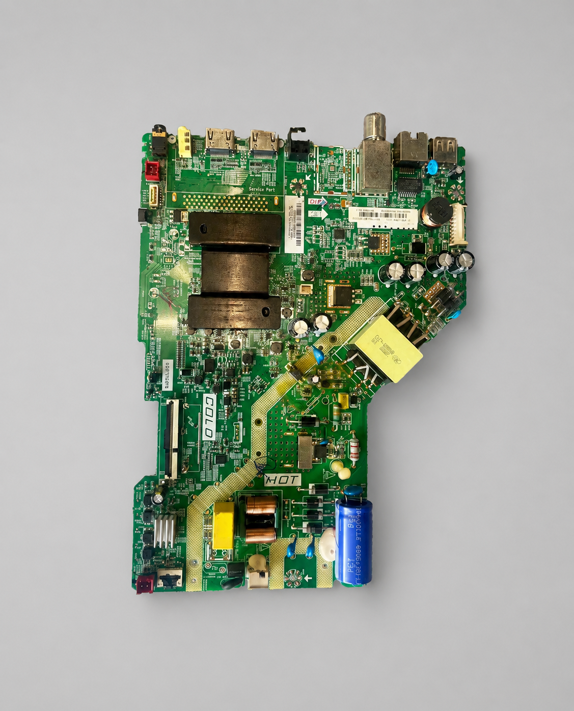 TV motherboard (main PCB board) with HDMI, USB, and power components displayed on a clean light gray background.