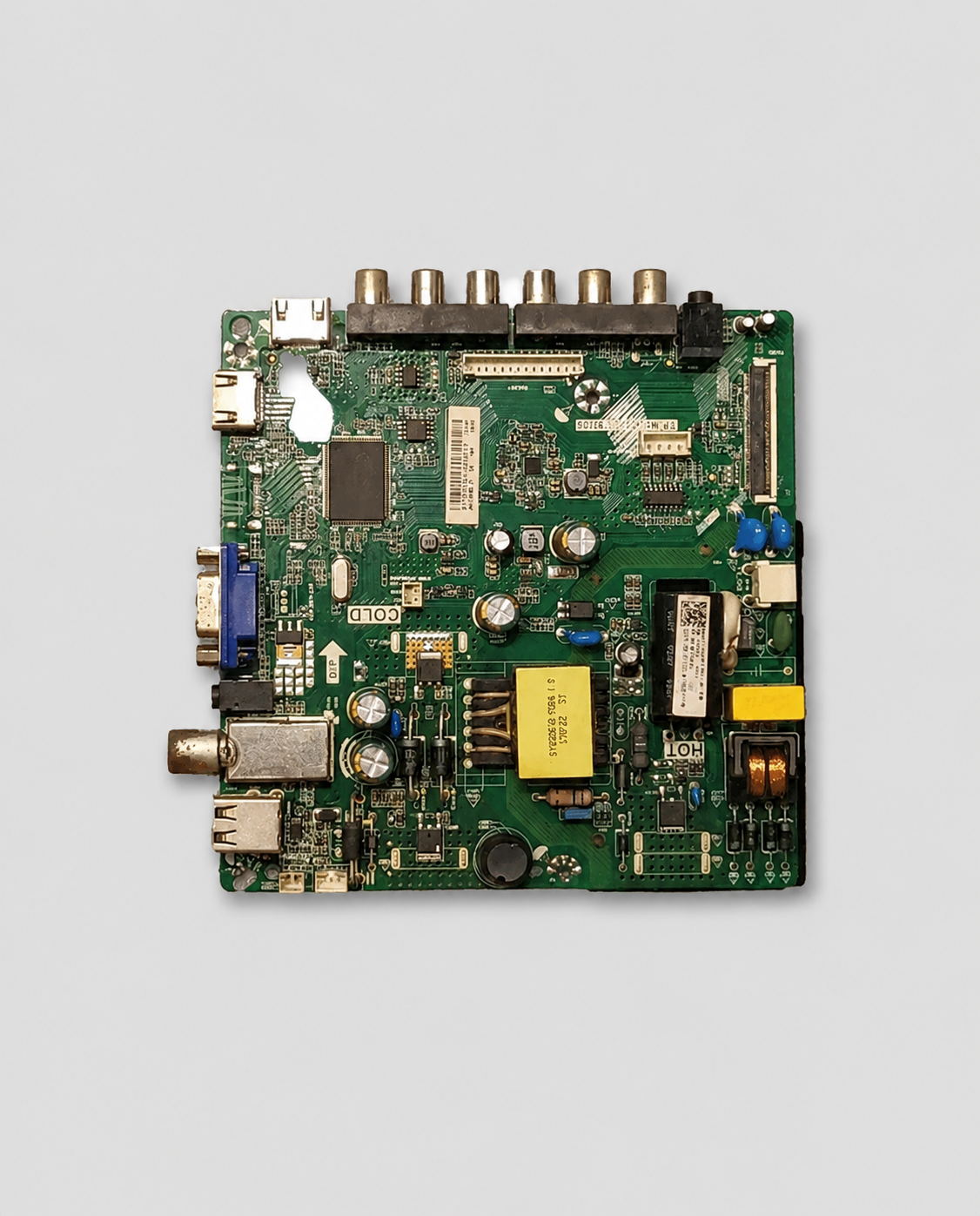 TV main PCB (motherboard) circuit board with HDMI, USB, VGA, and AV ports displayed on a light gray background for product listing.