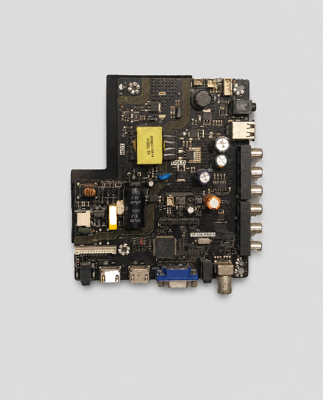 TP.V56.PB816 LED TV main PCB board with HDMI, USB, VGA, AV, and RF ports on a light gray background.