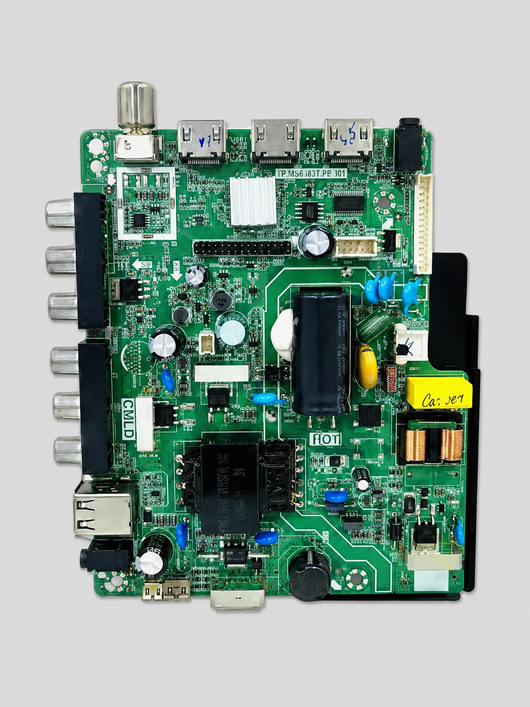 TV Main PCB Motherboard replacement board with HDMI, USB, AV, and power connectors on a light gray background.