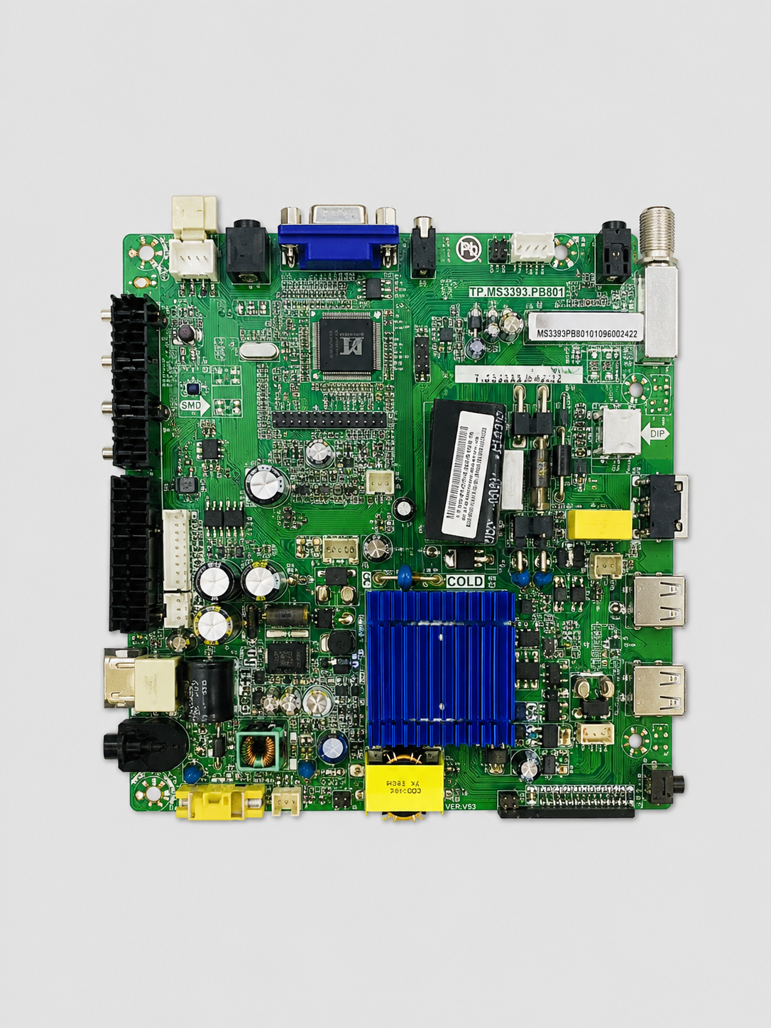 TP.MS3393.PB801 LED TV main PCB motherboard displayed on a light gray background with multiple ports, connectors, and electronic components.