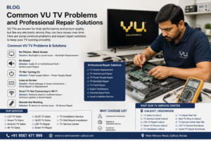 Professional VU TV repair technician diagnosing and repairing a Smart LED TV at a TV service center in Calicut, offering TV screen replacement, motherboard repair, backlight repair, and installation services