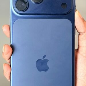 iPhone 17 Pro Max 256GB Blue opened box smartphone showing rear design and triple camera setup.
