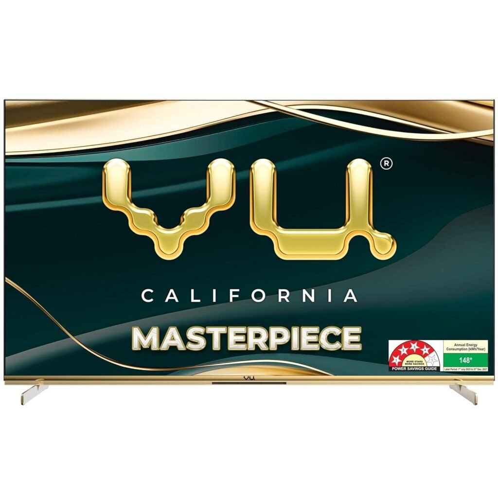 VU 55 Masterpiece Frame Series 4K QLED Google TV with premium Armani Gold frame design.